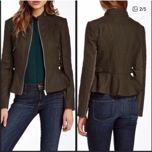 EUC! Blanc Noir Dark Brown/Olive Peplum Moto Jacket, Size S